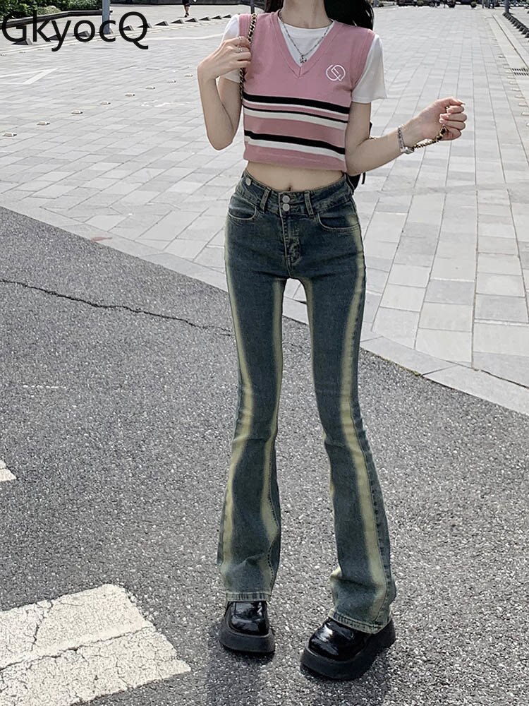GkyocQ Baggy Jeans Woman Color Contrast Streetwear Casual Denim Pants Slim Fit Micro Flare Jean Korean Fashion Fall 
